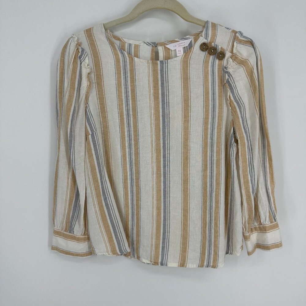 3/$25 Lauren Conrad Striped Blouse Top XS Linen Blend Ruffle Trim 3/4 Sleeves